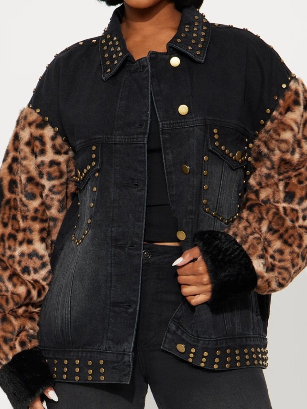 Fashion Nova Black Denim Jacket with Leopard Print Fur sleeves